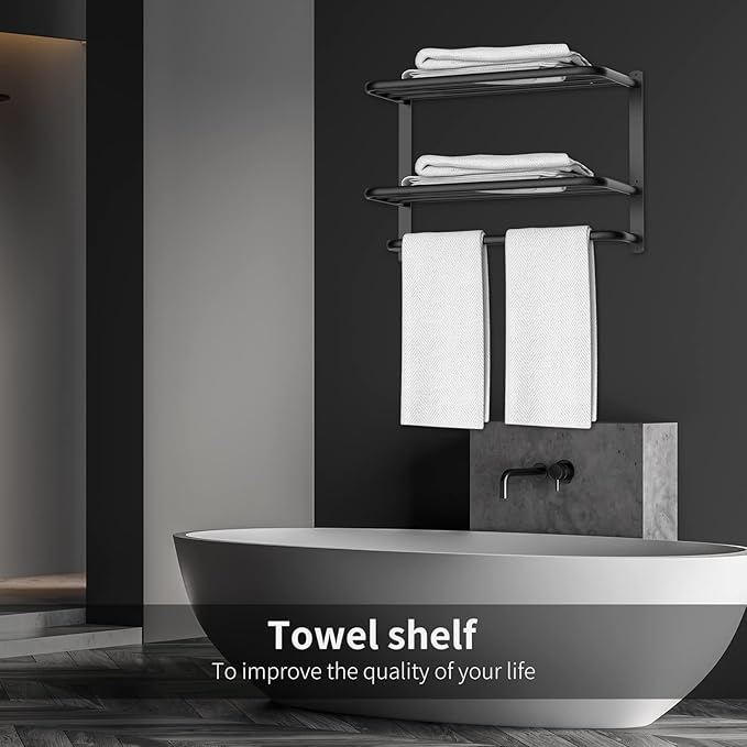 22.8Inch Towel Rack for Bathroom and Lavatory Towel Hanger with Wall Mount Towel Bars 304 Stainless Steel No Drill Tower Holder Shelf (3 Layers Black Towel Rack)