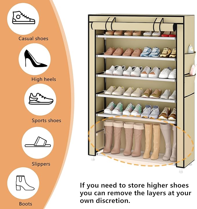 Laiensia 7-Tier Vertical Shoe Rack Organizer, Space Saving Shoe Storage Organizer, Non-Woven Cover Shoe Shelf Holds 28-35 Pairs for Bedroom, Hallway, Closet Entryway, Beige-NeatNest