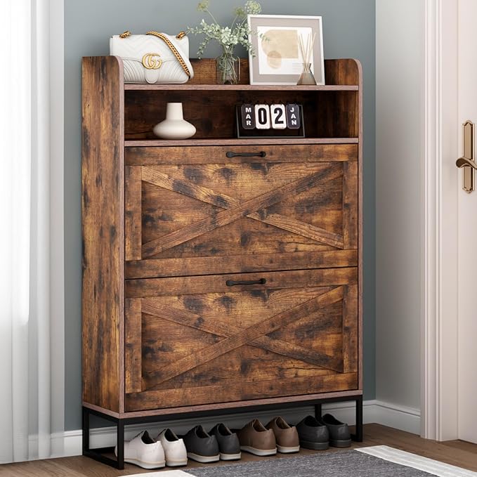 Shoe Cabinet, Freestanding Tipping Bucket Shoe Storage Cabinet with 2 Flip Drawers, Entryway Shoe Rack with Storage Top Cubby, Narrow Slim Hidden Shoe Organizer with Doors (Brown)-NeatNest