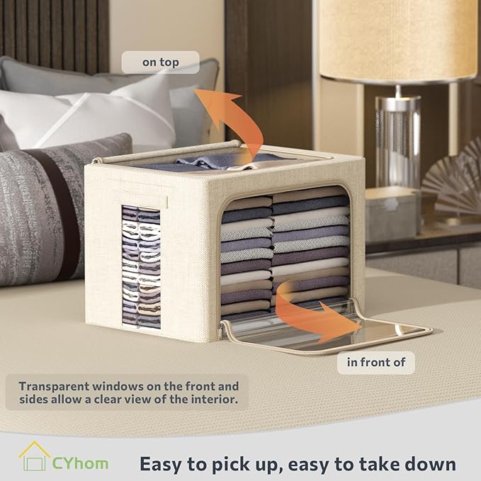 Extra Large Clothes Storage Bins - Linen Fabric Foldable Stackable Container Organizer Set with Clear Window & Carry Handles & Metal Frame - 2Pack Large Capacity for Bedding, Blankets, Books-NeatNest