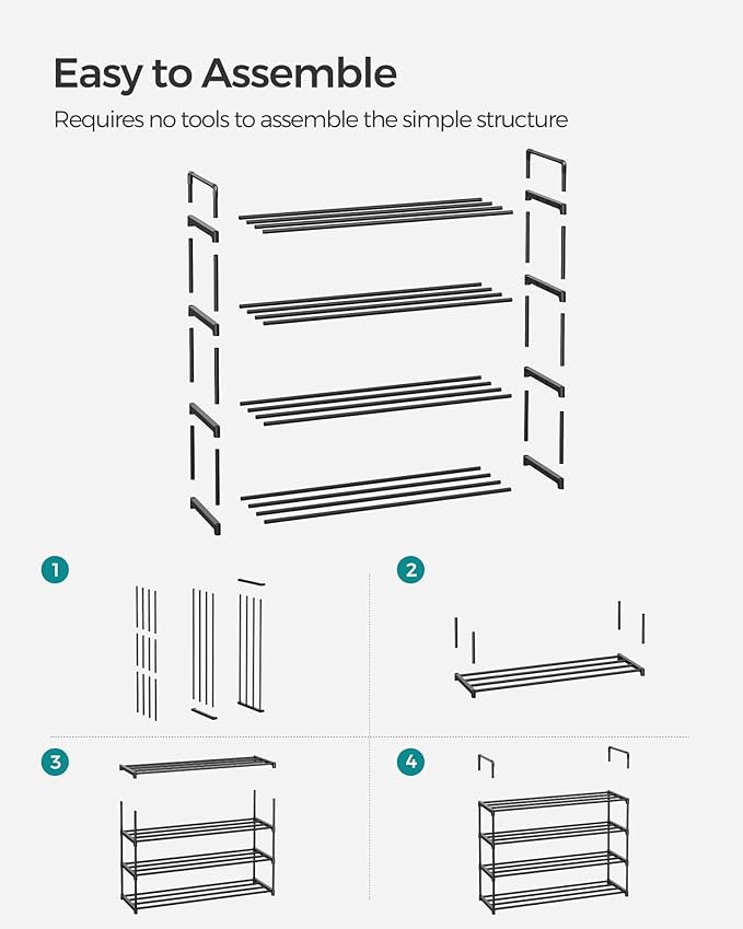 SONGMICS Shoe Rack, 4-Tier Shoe Organizer, Metal Storage Shelf, Upright or Upside Down, for 20-25 Pairs, Stackable, for Entryway, 11.8 x 36.2 x 29.5 Inches, Black ULSA14BK-NeatNest