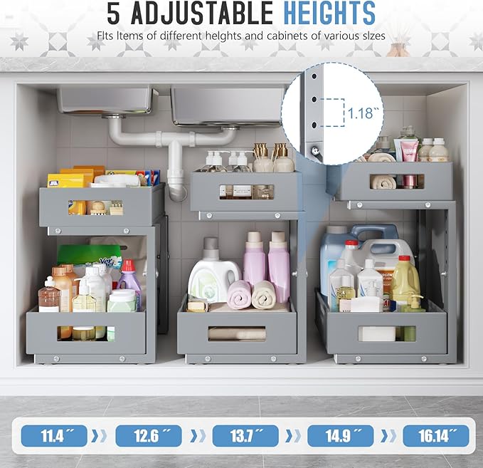 2-Pack Under Sink Organizers And Storage,Large Capacity 2-Tier Pull-Out Cabinet Organizer With Upgraded Tube Rails,Adjustable Height Sliding Drawers,Sturdy Mesh Shelves For Kitchen&Bathroom-Grey-NeatNest
