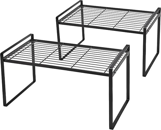 2Pack Cabinet Shelf Organizer Storage Rack Space Saving for Kitchen Counter Pantry Bathroom Cupboard Under Sink Office Table Steel Stackable Rust Resistant Heavy Duty Nonslip 16” Black - Tall-NeatNest