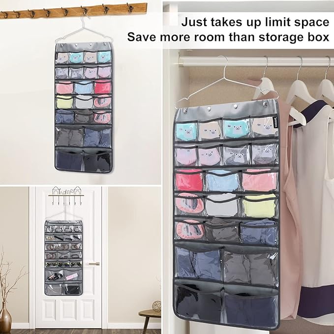 Dual Sided Hanging Organizer for Jewelry Makeup Storage Closet Organizers for Bows Socks Underwear with 42 Clear Pockets (GREY)-NeatNest