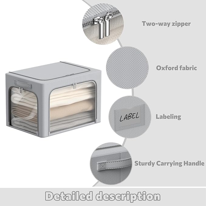 3Pack Clothes Storage Bins - Oxford Frame Storage Box Foldable Stackable Storage Organizer with 3 Openings Design, Metal Frame, Clear Window, Carry Handles (Grey, 100L-23.6 * 16.5 * 15.7in)-NeatNest