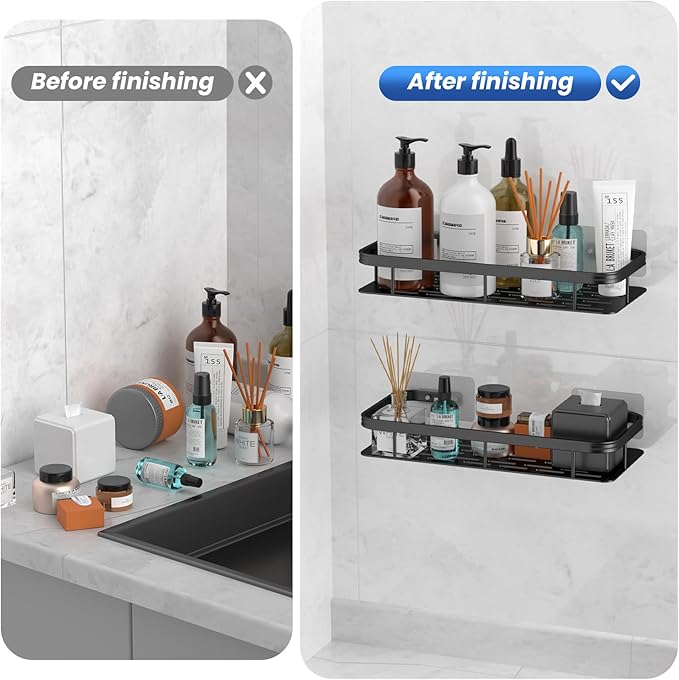 lanlord Wall Mounted Shower Caddy Shelf Organizer Rack,2 Pack 12 inch No Drilling Adhesive Shower Shelves,Bathroom Shower Organizers and Storage,Save Space With Hooks,(Black 2LBLT).
