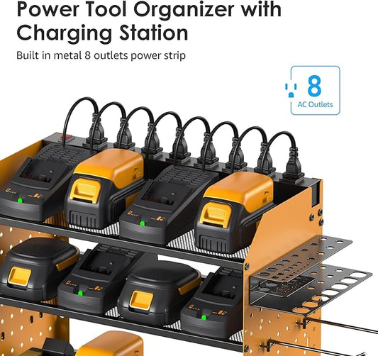 CCCEI Modular Pegboard Rack Power Tool Organizer with Charging Station. 4 Layer Wall Mount Drill Holder, Yellow Tool Battery Charger Organizer. Garage Shop Storage Utility Shelf with 10FT Power Strip-NeatNest