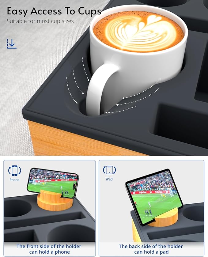 Couch Cup Holder Tray - Couch Organizer Caddy, Silicone Beach Caddy with Cup Holder, Sofa and Bed Drink Holder and Couch Tray Table for Snacks Beverage Remote (Black)-NeatNest