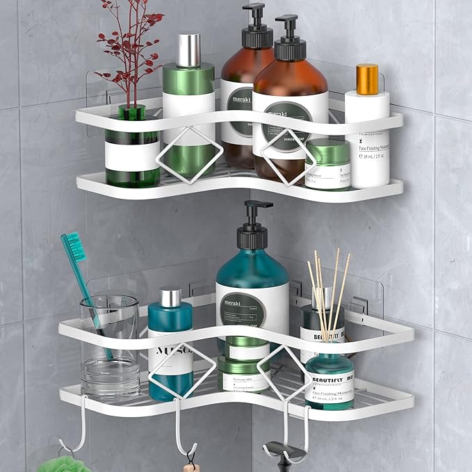 Shower Caddy, 2 Pack Corner Organizer Shelf, Rustproof Wall Mount Shower Storage Rack, No Drilling, 40 lbs Capacity (Glossy White)