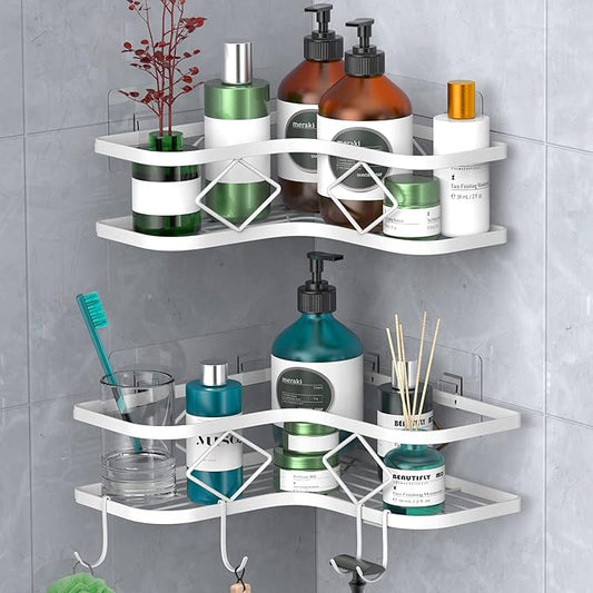 Shower Caddy, 2 Pack Corner Organizer Shelf, Rustproof Wall Mount Shower Storage Rack, No Drilling, 40 lbs Capacity (Glossy White)