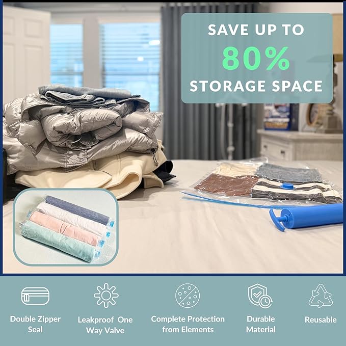 12 Pack Vacuum Storage Bags with Hand Pump, Compression Space Saver for Comforter, Bedding, Blanket Storage, Vacuum Seal Bags for Clothing, Luggage Suitcase and Closet Organizer-NeatNest