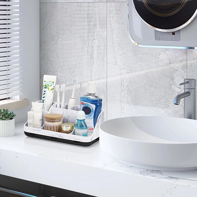 Marble Bathroom Countertop Organizer - Detachable 7 Slots Kids Electric Toothbrush and Toothpaste Holde Drainage for Bathroom Accessories Organization Counter Vanity Storage, Black