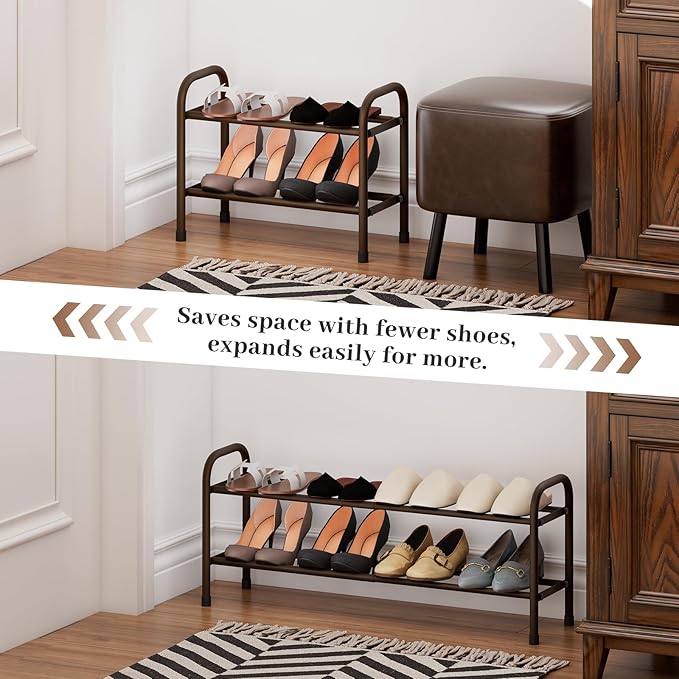 Expandable Shoe Rack, Adjustable Shoes Organizer Metal, Space-Saving Storage Shelf for Closet, Entryway, Front Door & Hallway,Sturdy and Easy Assembly (Brown, 2-Tier)