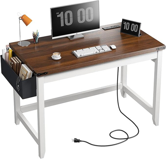 EnHomee 40 Inch Small Desk with Detachable Storage Bag, Modern Simple Computer Desk with Power Outlet, Study Writing Table for Small Spaces, Study Desks for Bedroom, Brown & White-NeatNest