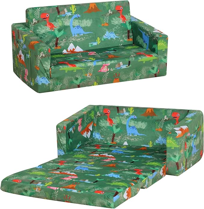 Foam Kid Sofa Couch, 2 in 1 Convertible Sofa to Bed for Baby,Velvet Toddler Sofa Chair with Side Pocket for Kid Playing (W29.92) (Green)-NeatNest