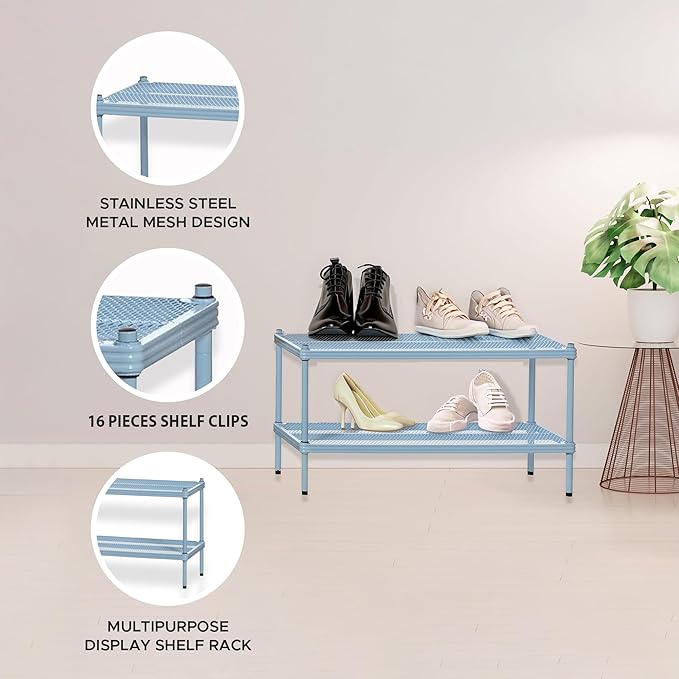 Design Ideas MeshWorks, 2-Tier Steel Shelving Rack, 440lb Capacity Per Shelf, Sky Blue-NeatNest