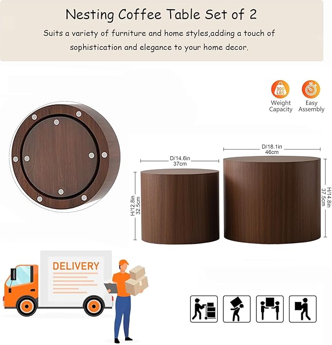Modern Round Nesting Coffee Table Set of 2, Vertical Stripe Design Drum Coffee Table Cocktail Table, Round Side Table for Living Room, Bedroom, Office, Balcony (G14.6+18.1")