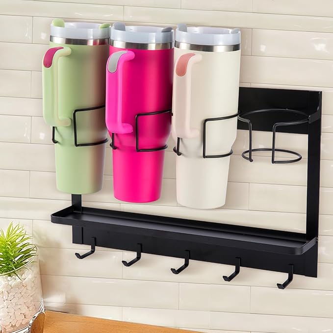 CINPIUK Water Bottle Organizer Holder, Magnetic Cup Rack Storage for Stanley & Large Tumbler, Space Saving Wall Mount Bottle Organizer with 5 Hook, Easy to Install, Black-NeatNest