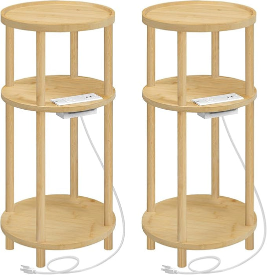 HOOBRO Set of 2 Small Round Side Tables with Charging Station, 3-Tier Round Bamboo End Tables, Easy Assembly, for Living Room, Bedroom, Apartment, Natural YL152UBZP201