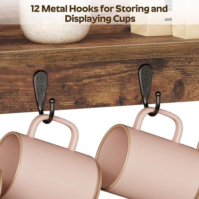 Coffee Mug Holder Stand, 3 Tier Mug Tree Rack, Hanging 12 Cups, with Top Shelf, for Kitchen, Dining Room, Living Room, Cafe, Rustic Brown MH42BR-NeatNest