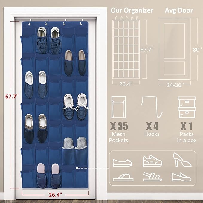 Over The Door Shoe Organizers 35 Mesh Pockets Hanging Shoe Organizer Shoe Rack For Door Closet Entryway Bedroom Bathroom Pantry - Shoe Holder Hanger For Sneakers, Women High Heeled Shoes Blue-NeatNest