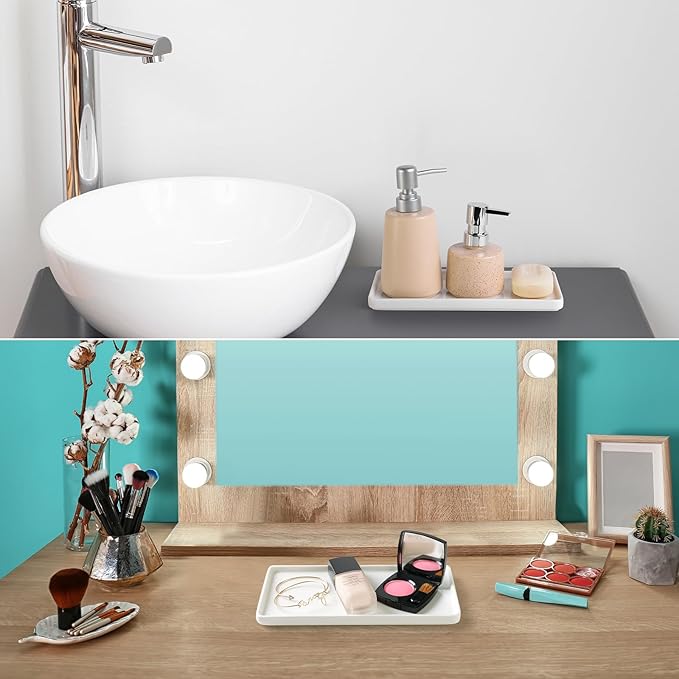 Gurygo 2 Pack 8"/10" Bathroom Trays, Ceramic Vanity Trays for Bathroom, Small Ceramic Tray, Kitchen Soap Tray for Kitchen Counter (White,Set/2)-NeatNest