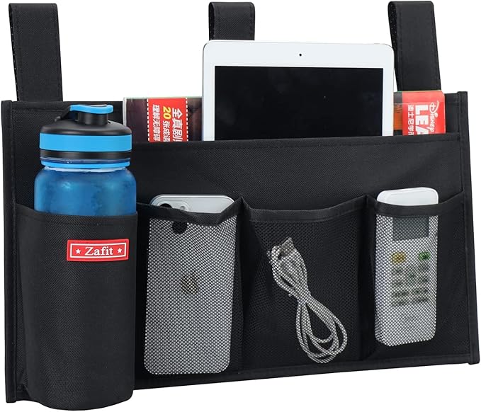 Hanging Bedside Caddy, Bedside Storage Organizer for Magazine, Phone, Remote control (5 Pockets-Black)-NeatNest
