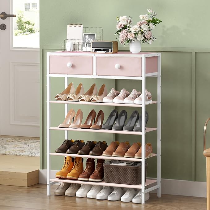 Shoe Rack, 5 Tier Shoe Organizer with 2 Drawers, Metal Shoe Storage for 16-20 Pairs of Shoes with Fabric Shelves and Wooden Top, Narrow Shoe Shelf for Closet Entryway Pink-NeatNest