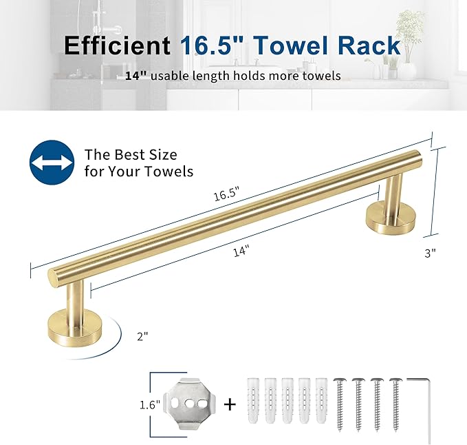 Brushed Gold Towel Bar, 14 Inch Towel Racks for Bathroom Wall Mounted, Thicken SUS304 Stainless Steel Heavy Duty Hand Towel Holder Organizer, Bathroom Accessories, Total Length 16.5 Inch-NeatNest