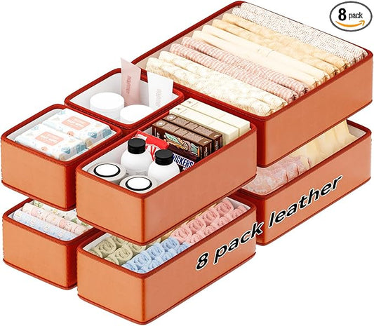 Vegan Leather Drawer Organizers,8 Pack Makeup Storage boxes,Vanity Drawer Luxury upgrade,Bedroom fabric Drawers replacement,bathroom organization and storage Optimal solution