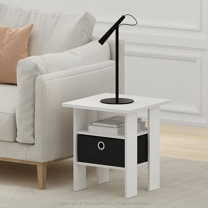 Furinno Andrey Set of 2 End Side Night Stand/Bedside Table with Bin Drawer, 2-Pack, White/Black