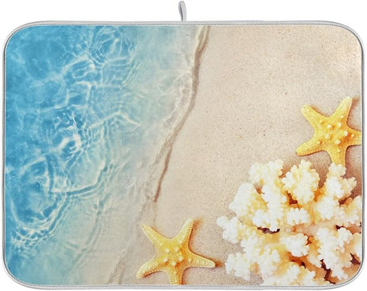 Absorbent Dish Drying Mat for Kitchen Counter - Starfish Coral Summer Microfiber Drying Pad, Reversible Drainer Mats for Countertop, Large 18" x 24"