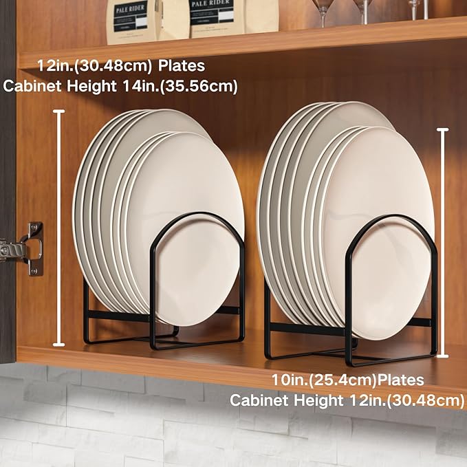 4 Pack Kitchen Plate Holder Organizer for Cabinet Space Saver Dinner Dish Plate Storage Rack Upright Dish Drying Racks Metal Dish Racks Stand for Cupboard and Countertop 2 Large 2 Small Black