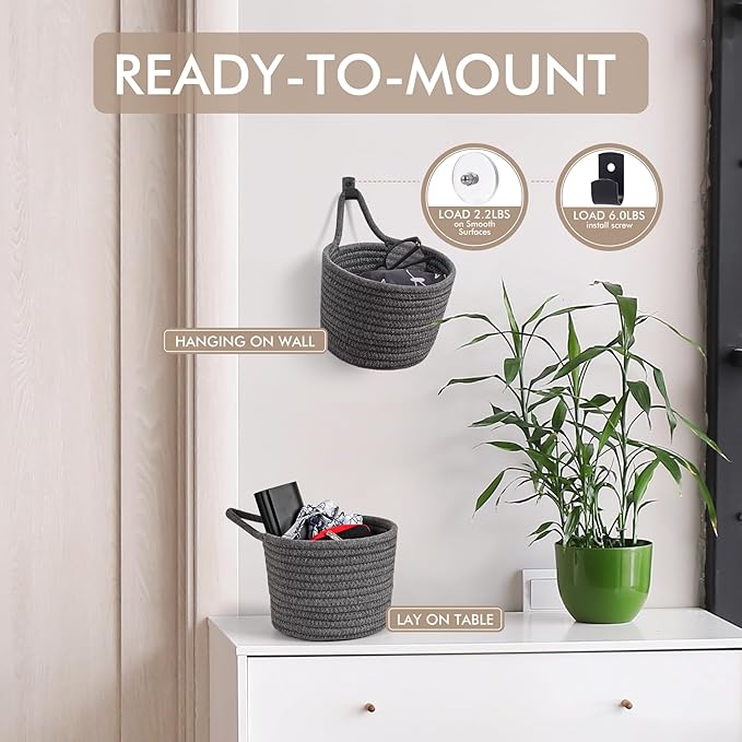 Fabric Wall Hanging Baskets - 3Pack Woven Pouchs Boho Style Wall Mounted Bag with Adhesive Hooks, Storage Organizers and Decoration Pocket Caddy Bins on Door Rack (Dark Gray & Black, Large)