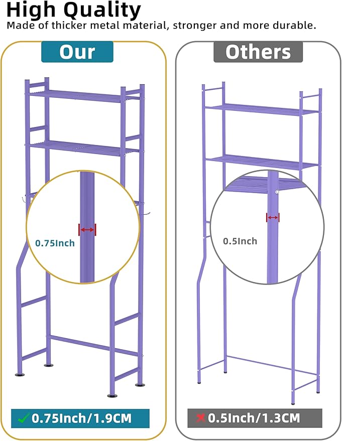 3-Tier Over The Toilet Storage, Freestanding Metal Bathroom Shelves with 4 Hooks, Over Toilet Storage Shelf with Paper Holder, Above The Toilet Shelf for Bathroom Storage, Purple-NeatNest