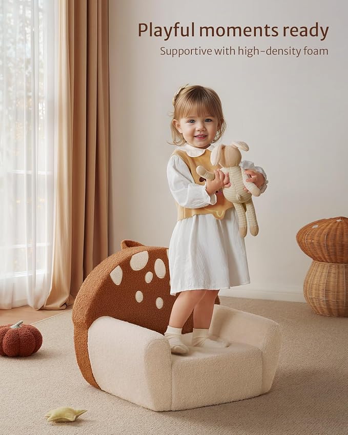 Blissful Diary Toddler Chair Comfy, Foam Kids Chair with Soft Teddy Plush, Toddler Reading Armchair with Cute Mushroom Designs- Brown-NeatNest