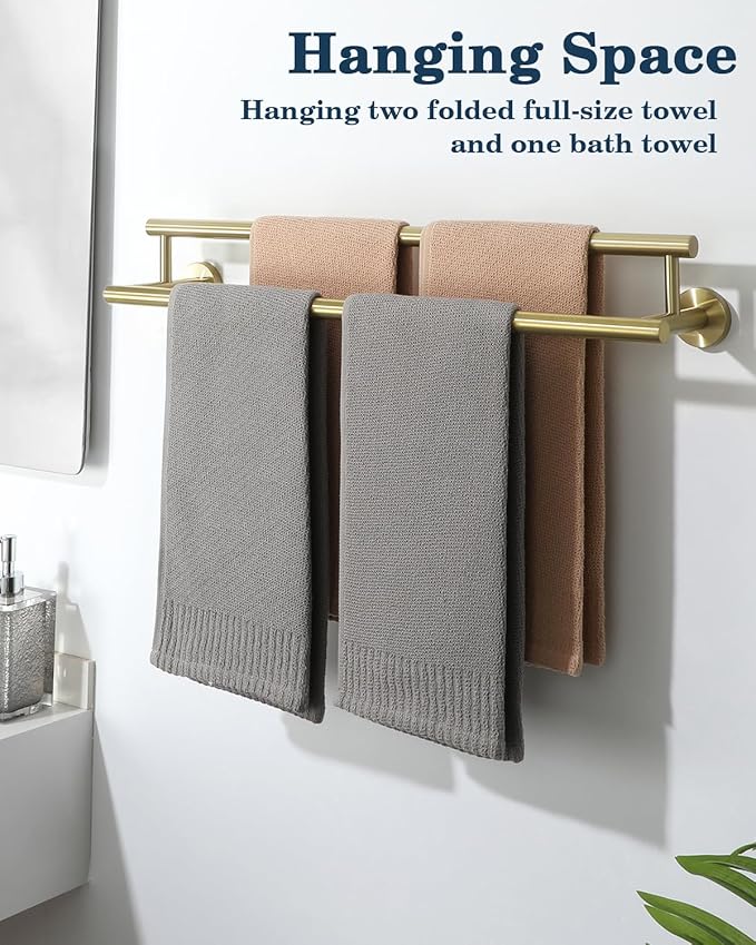 Alise Double Bath Towel Bars Towel Racks for Bathroom Lavatory,24 Inch Towel Holder SUS304 Stainless Steel Towel Hanger Towel Rail Wall Mount,Brushed Gold,GYT6902-G