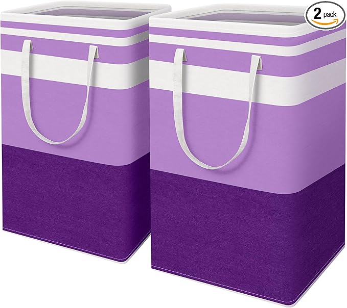 HomeHacks 2 Pack Large Laundry Baskets, Waterproof, Freestanding Laundry Hampers, Collapsible Clothes Hamper with Reinforced Handles in Laundry, College Dorm, Bathroom, Bedroom (Purple, 88Lx2)-NeatNest