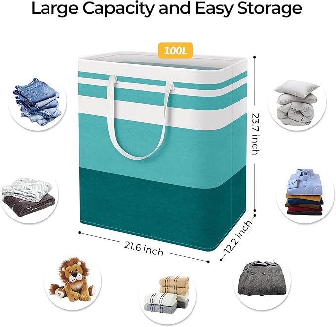 HomeHacks 2-Pack Large Laundry Basket, Waterproof, Freestanding Laundry Hamper, Collapsible Tall Clothes Hamper with Extended Handles for Clothes Toys in the Dorm and Family (Green, 100L)-NeatNest
