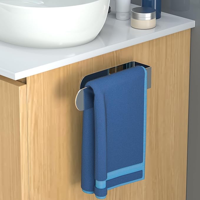 HUFEEOH 2 Pack Adhesive Hand Towel Holder, Sticky Towel Bar Towel Holder Wall Mounted, Stainless Steel Kitchen Towel Holder Hand Towel Rack for Bahtroom Hotel RV Kitchen (Polished Silver)