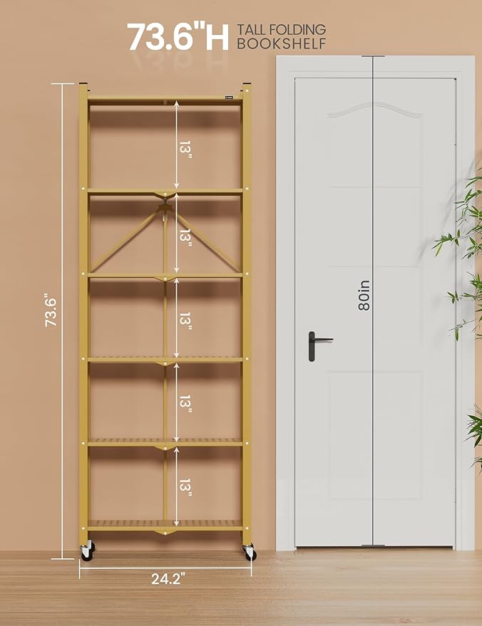 ALANNG 73.6 Inch Folding Bookshelf, 6 Tier Metal Bookcase and Bookshelves, Tall Shelves for Living Room Office Bedroom, Heavy Duty Book Shelve Free Standing Open (Gold, 1PACK)