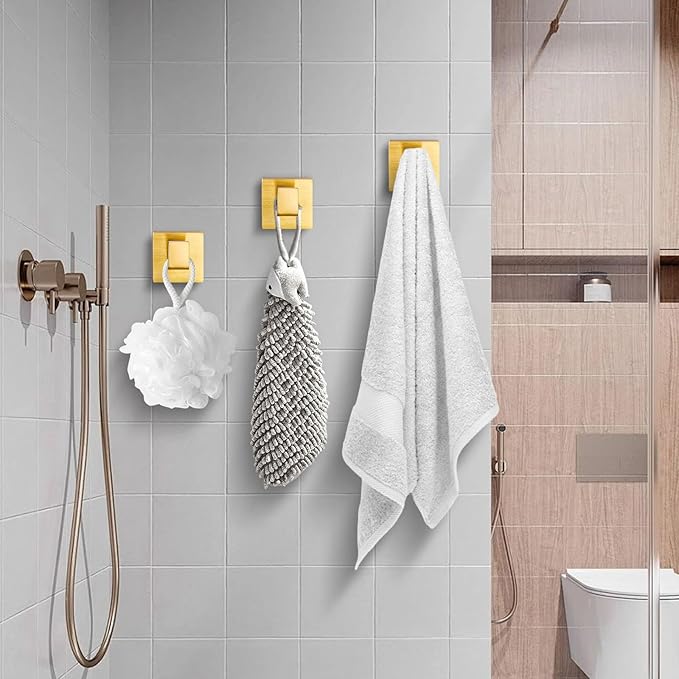 Brushed Gold Towel Hooks for Bathrooms, Heavy Duty Wall Mounted Stainless Steel Modern Hook, 4 Pack – Ideal for Hanging Towels, Robes, Coats, in Kitchen, Bedroom, Bathroom, or Hotel-NeatNest