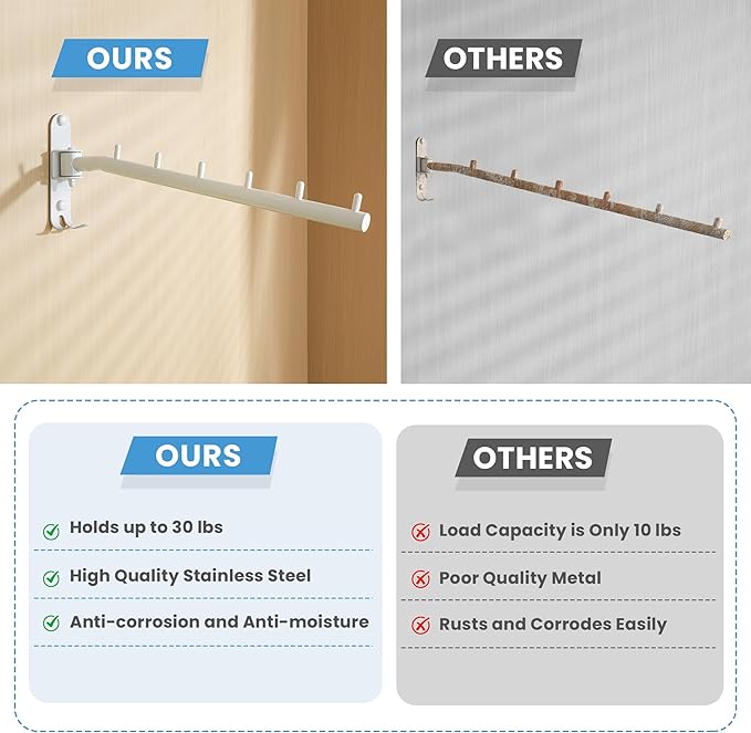 Clothing Racks for Hanging Clothes, Garment Racks Wall Mounted Clothes Bar-Hanger Holder Hooks Heavy Duty Folding Drying Rack Space Saving Clothing Hanging System Closet Storage Organizer-NeatNest