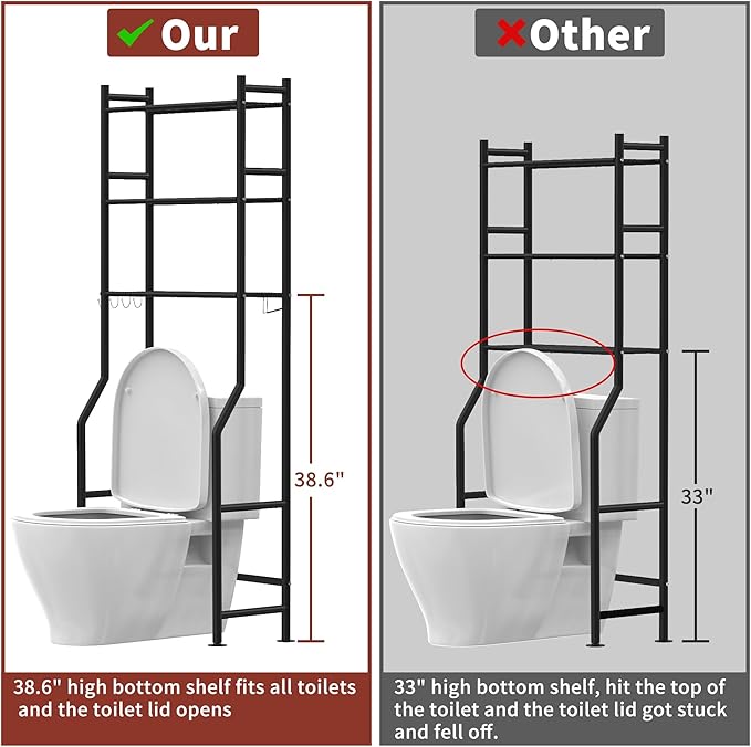 3 Tier Over The Toilet Storage Rack with 2 Basket, Metal Freestanding Bathroom Shelves Toilet with Paper Holder and 4 Hooks, Over Toilet Storage Shelf for Bathroom Storage, Black-NeatNest