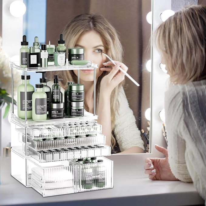 2-Tier 5-Drawer Bathroom Countertop Organizer : Multi-Purpose Makeup Organizer Countertop - Large Skincare Holder Exquisite Vanity Tray - Perfume & Skincare Storage Amber Clear-NeatNest