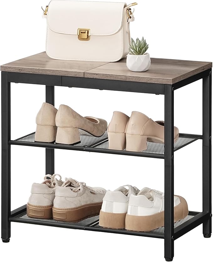 HOOBRO Shoe Bench, 3-Tier Shoe Rack, Industrial Shoe Organizer Storage Bench, 19.7 inches Entry Bench with Mesh Shelves, for Entryway, Living Room, Hallway, Easy Assembly, Greige BG50HX01-NeatNest