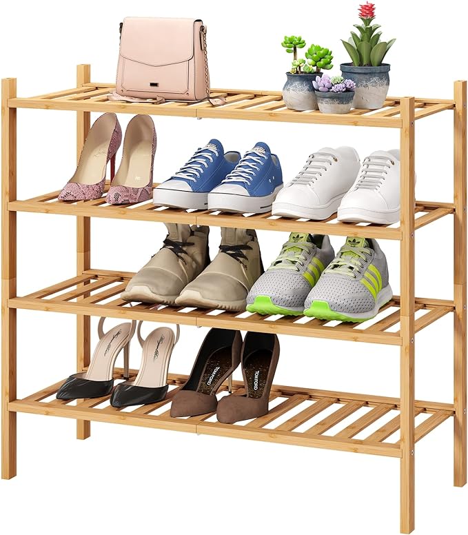 4-Tier Bamboo Shoe Rack for Entryway, Stackable | Foldable | Natural, Shoe Organizer for Hallway Closet, Free Standing Shoe Racks for Indoor Outdoor-NeatNest