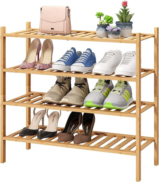 4-Tier Bamboo Shoe Rack for Entryway, Stackable | Foldable | Natural, Shoe Organizer for Hallway Closet, Free Standing Shoe Racks for Indoor Outdoor-NeatNest