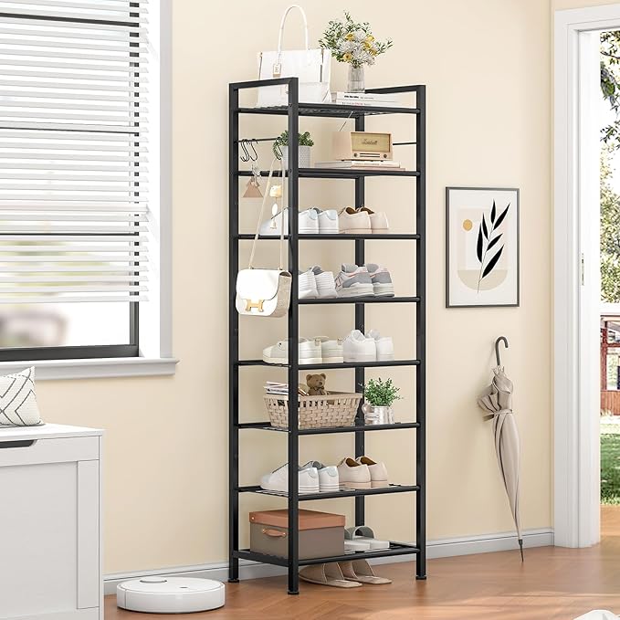 usikey 8 Tiers Narrow Shoe Rack 16-24 Pairs, Sturdy Metal Tall Shoe Rack with 4 Hooks, Slim Shoe Storage Organizer with Metal Shelf, Space Saving Vertical Shoe Shelf for Entryway, Closets, Black-NeatNest