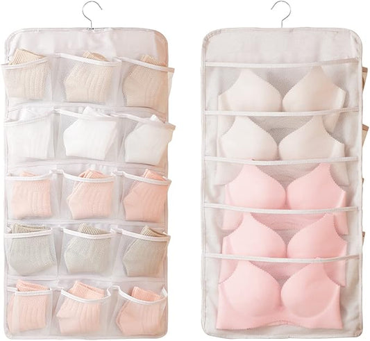 Enlarged Closet Hanging Bra Organizer with Rotating Metal Hanger, Dual Sided Wall Shelf Wardrobe Mesh Pockets Hanging Storage Bag for Bra Socks Underwear Underpants-NeatNest